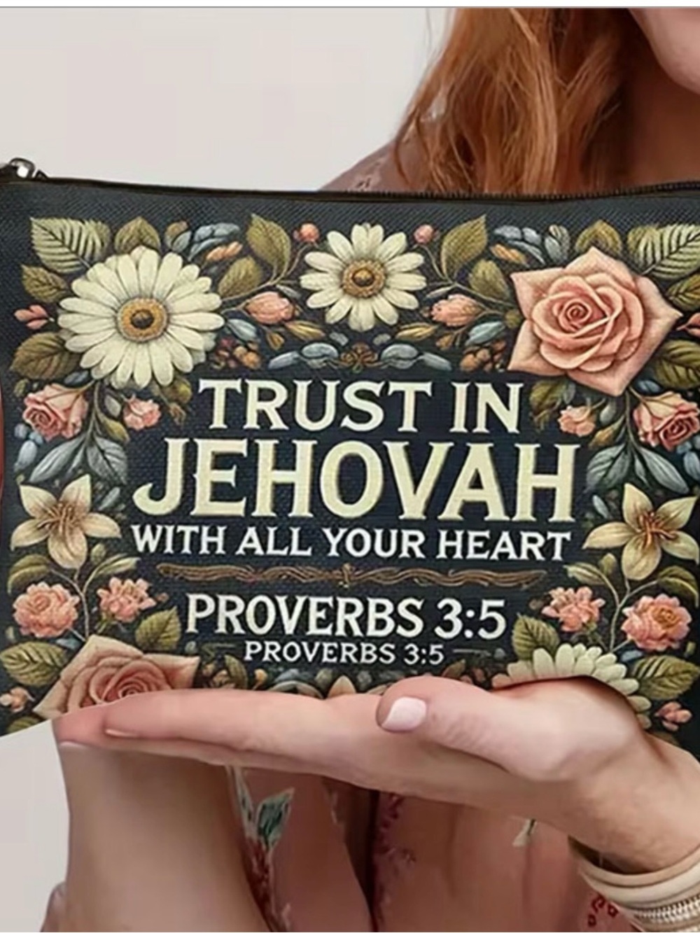 Trust in Jehovah Floral Black Canvas Wristlet Pouch